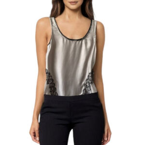 Versace Fringe Lace Pullover Satin Fabric Round Neck Tank Top Tan Black 38 NEW